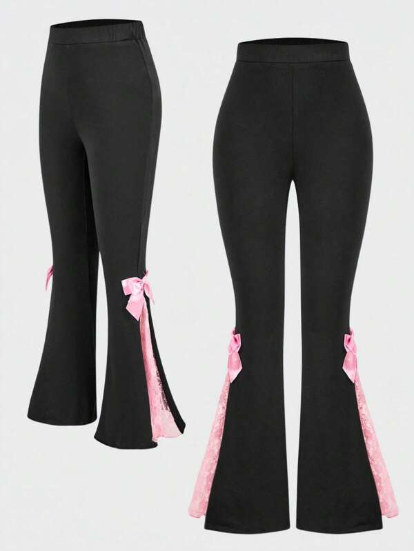 SHEIN Wildeya Pantaloni evazați la modă pentru fete Tween, cu decor cu fundă