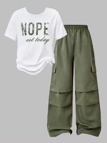 SHEIN ChillGRL 2 Pcs/Set Tween Girl Graphic Tee Paired With Cargo Pants, Casual Street Style Outfit, Spring/Summer,Holiday,Summer,Travel, School, Campus, College Summer Holiday - Multicolor - View 1