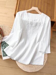 Rusticease Women's Contrast Lace 3/4 Sleeve Loose Fashion Blouse - White - View 8