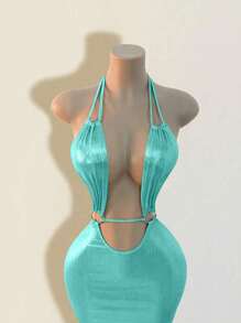 Mistrie Vestido sexy de color liso con cuello halter para mujer