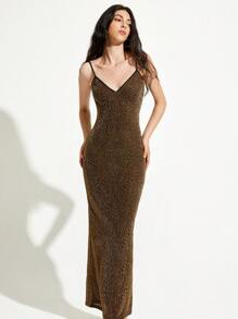 Aveloria Affinna Vestido de tirantes finos elegante, sexy y versátil con acabado metalizado de textura en negro y dorado