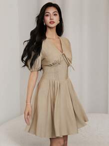 Heiryn Vestido corto de manga abullonada de color liso elegante para mujer, de verano