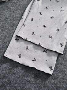 SHEIN 3 件套青少年女孩休闲蝴蝶结装饰波浪下摆圆领短袖 T 恤搭配短裤/长裤，夏季针织睡衣 - 灰色 - 查看 5