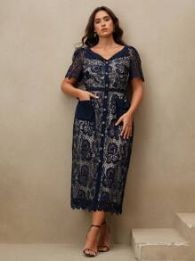 Anewsta Plus Size Women's Waist Cinched V-Neck Short Sleeve Elegant Lace Midi Dress - Blue - View 1