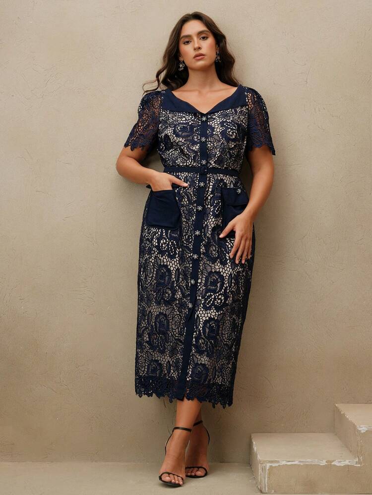 Plus Size Women's Waist Cinched V-Neck Short Sleeve Elegant Lace Midi Dress