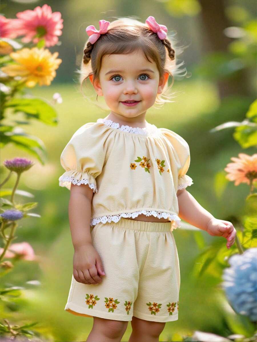 SHEIN Baby Girl Fit Casual Simple Comfort Round Neck Flower Pattern Embroidered Shirt Shorts Two Pieces Set - Apricot - View 1