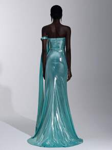 Glamrae 优雅的湖蓝色闪亮彩虹色涂层单肩露肩可拆卸蝴蝶结超长褶皱美人鱼风格开衩礼服，适合约会、单身派对、毕业典礼、返校节、舞会、生日、婚礼、正式活动 - 水鴨藍 - 查看 3