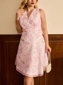 Vintamour Vestido Rosa Plus Size para Mulheres, Vestido Sem Mangas, Roupa Feminina Romântica e Elegante, Vestido Floral, Roupa Feminina Exclusiva para Encontros, Vestido Elegante - Rosa chiclete - Visão 4