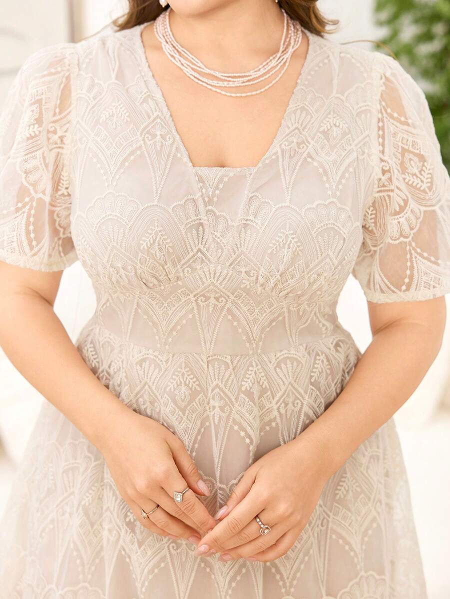 Modelyn Vestido midi de corte evasé de manga corta con bordado de organza elegante, apropiado para tallas grandes, adecuado para primavera/verano