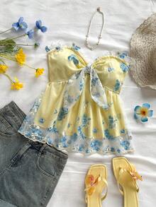 Soleia 女士度假风花卉刺绣透视前系结时尚上衣，黄色娃娃衫，夏日可爱上衣 - 彩色 - 查看 4