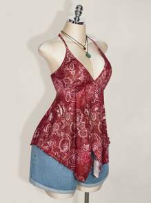 SHEIN ICON Blusa para mujer talla grande estilo retro con estampado, escote en V y espalda descubierta, ideal para vacaciones y salidas casuales, estilo boho hippie Y2K - Burdeos - Ver 3