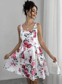 Momance Vestido premamá largo con estampado floral menudo, elegante escote cuadrado sin mangas, perfecto para vacaciones - Multicolor - Ver 5