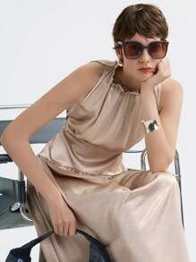 Aalyst Women's Elegant Lady-Like Waist Cinched Sleeveless Dress - Champagne - View 6