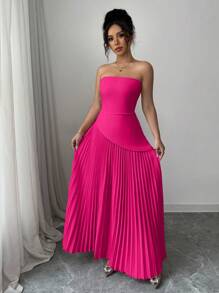 Elenzga 女士纯色抹胸褶腰优雅度假和办公室无袖连衣裙 - 玫紅色 - 查看 3