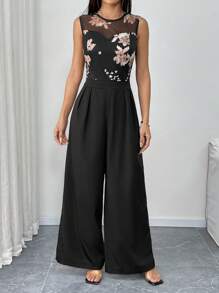 Chiquease Women's Floral Print Contrast Mesh Sleeveless Wide Leg Jumpsuit, Vacation Style - Black - View 6