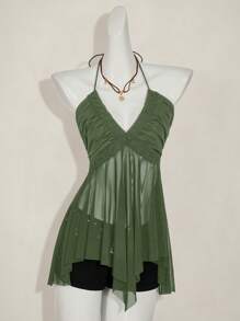 SHEIN ICON 女式不对称网眼交叉拼接吊带背心，夏季 - 軍綠色 - 查看 9