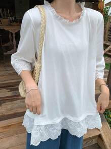 FRIFUL Camiseta de manga corta casual y holgada con cuello redondo y parches de encaje para mujer, para verano