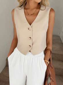 Easowa Camisa sin mangas con cuello en V, cierre con botones y bajo asimétrico, casual, elegante y de uso diario para mujer, primavera/verano