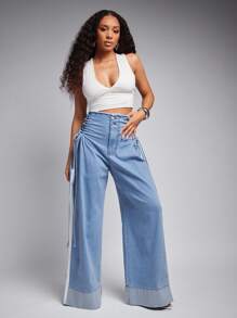 Quần jean ống rộng denim co giãn cạp cao Raw Edge buộc dây, trang phục dạo phố cho nữ, trang phục thường ngày cho nữ - Rửa nhẹ - Xem 2