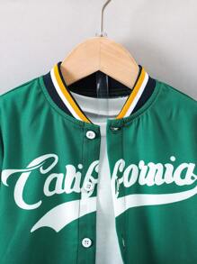 SHEIN Chico joven Camisa con estampado de letra ribete de rayas cuello béisbol & Shorts sin camiseta - Verde - Ver 3