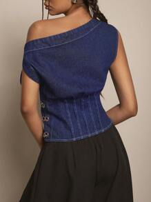 Easelle Millennium Girl Asymmetrical Shoulder Crop Top, Fashionable Summer Wear, Night Out, Vintage, Streetwear, Western Wear Women - Blue - View 2