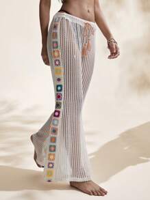 Easelle Pantaloni casual estivi da donna, rett e morbidi, in maglia a griglia all'uncinetto, per vacanze e spiaggia, primavera/estate