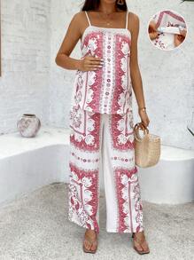 SHEIN 2 Stück Set aus Camisole und Hose für Schwangere mit Urlaubs-Lässig-Look in Cashewblüten-Muster - Rot-Weiß - Übersicht 8