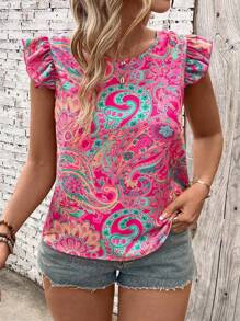 SHEIN Clasi 大码女式休闲腰果花荷叶边袖蝴蝶结露背衬衫 - 彩色 - 查看 5