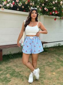 SHEIN EZwear Cherry Plaid Casual Summer Holiday Plus Size Shorts