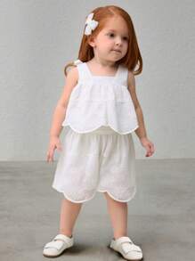 SHEIN 2 件套女孩时尚套装，怀旧甜美提花刺绣背心上衣和温柔风格裙子 - 白色 - 查看 1