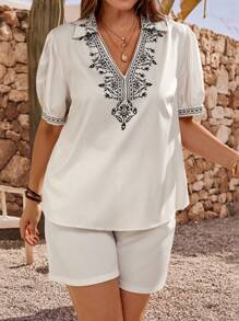 EMERY ROSE Plus Size Boho Vcay Holiday Casual Women's Positioning Print Puff Sleeve Fitted Shirt Suitable For Spring And Summer Seasons Western Women Wear Western Women Wear