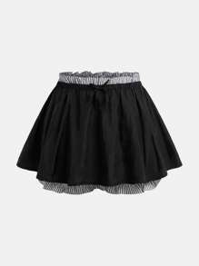 SHEIN 青少年休闲简约舒适拼布拼色荷叶边下摆短裤