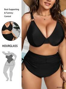 Swim Basics Summer 2pcs/Set Plus Size Women Solid Color Knitted Strapless Bandeau Top And Drawstring Triangle Bottom Bikini Set, Vacation - Black - View 1