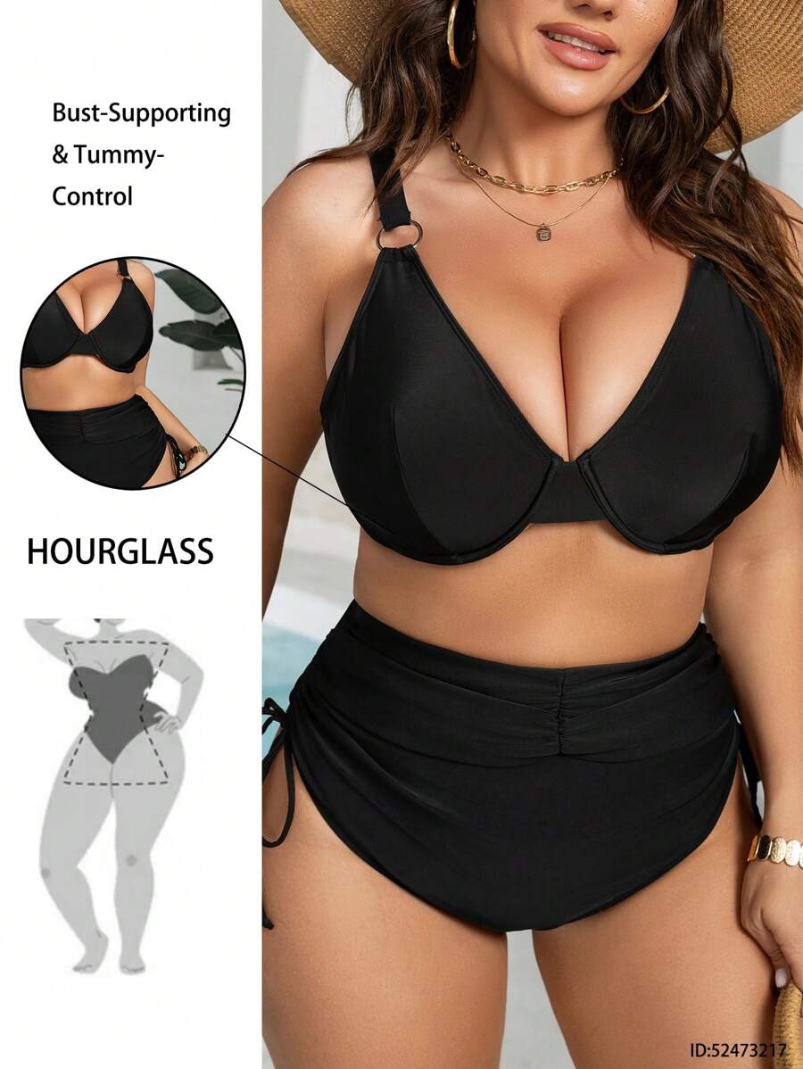 Swim Basics Summer 2pcs/Set Plus Size Women Solid Color Knitted Strapless Bandeau Top And Drawstring Triangle Bottom Bikini Set, Vacation - Black - View 1