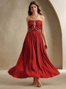 Anewsta High Quality Standard Sized Elegant Rhinestone Halter Design Fashion Formal Dress, Suitable For Women's Party & Event Wear - Red - View 3