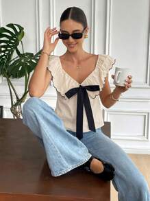 Serisse Áo kiểu nữ mùa hè kiểu Pháp 100% cotton màu trơn trang trí nơ, viền bèo nhún, áo sơ mi nữ trơn có bèo nhún, cổ áo thanh lịch và ruy băng, trang phục đi nghỉ mát cho nữ, trang phục miền Tây cho nữ, trang phục mùa hè cho nữ, trang phục thường ngày cho kỳ nghỉ, trang phục nghỉ dưỡng. - Màu be - Xem 10