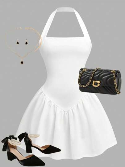 Girlism Vestido tejido blanco con tirantes finos y ajuste en la cintura con vuelo para adolescentes, apropiado para el Día de San Valentín, fiestas, largo mini