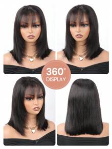 Glueless Layered Straight Wig Bob Wig With Bangs Human Hair 4x4 Pre-Cut Lace Glueless Wigs Silk Bob Wig Wear And Go Breathable Short Bob Wigs 1B# Natural Black Bob Wig 10-14 Inch - SNatural - View 5