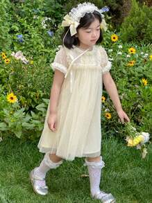 DAZY Girls Lace Trim Short Sleeve Mesh Summer Dress, Toddler Size