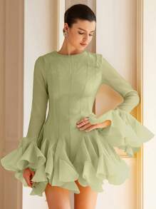 BELROSIE French Luxe High-End Elegant Lady Design With Flounced Hem & Bell Sleeves, Textured Fabric Women Short Dress Fall Cloth For Women - Green - View 6