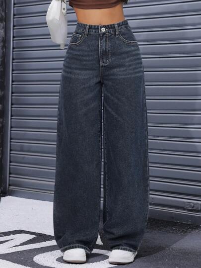 SHEIN ICON Casual Washed High Waist Straight Leg Jeans