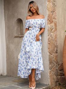 Breezaya Elegant Summer Holiday Mini Ditsy Floral Cutout Waist Tie Off Shoulder Short Sleeve Mid-Length Casual Dress For Women - Blue and White - View 1