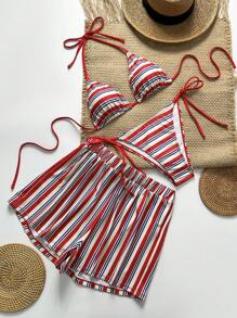 SHEIN Swim 3pcs Women Sexy 4th Of July Beachwear New Ladies Triangle Striped Print Top & Tie Side Bottom & Boyshorts High Elastic Tight Sexy Simple Bikini Set