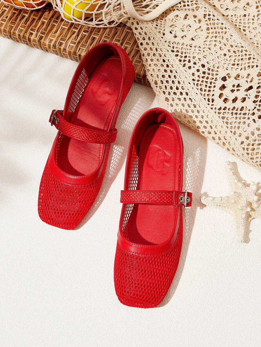 Styleloop 女士圆头平底红色编织网眼面料时尚简约舒适透气扣带平底鞋，波西米亚风格，适合度假、音乐节、派对装 - 紅色 - 查看 1