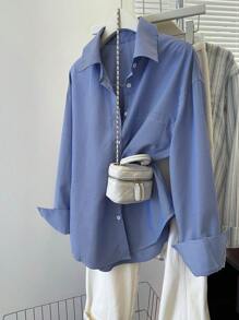 INAWLY Women's Striped Long Sleeve Single Breasted Blue Casual Shirt