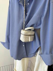 INAWLY Women's Striped Long Sleeve Single Breasted Blue Casual Shirt