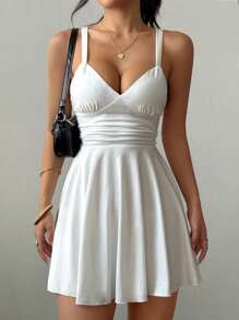 Breezaya Women's V-Neck Ruched Cinched Waist A-Line Sexy Elegant Camisole Mini Dress - White - View 3