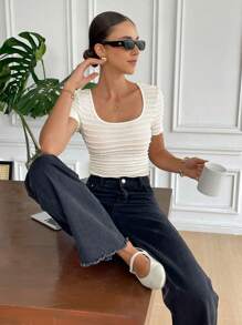 Serisse T-shirt à manches courtes avec dos texturé et nœud, style décontracté d'été, idéal pour les vacances, la remise des diplômes et la plage - Nude - Voir 6