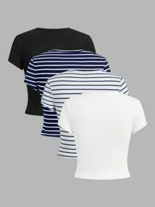 SHEIN EZwear 4pcs Set Casual Minimalist Nautical Style Navy Blue Stripe Short Sleeve Cropped Fitted T-Shirt For Summer Holiday Suitable For Going Out - Multicolor - View 2