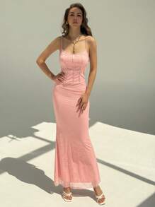 Aloruh Romantic Date, Spring/Summer Party Ball Sleeveless Lace Mermaid Dress, Pink - Baby Pink - View 5